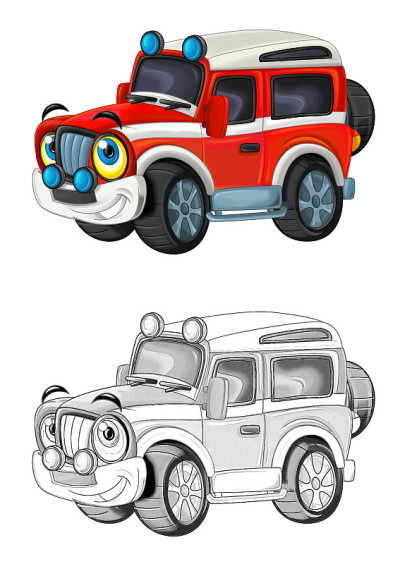 卡通素描场景与越野消防队员车-插图
