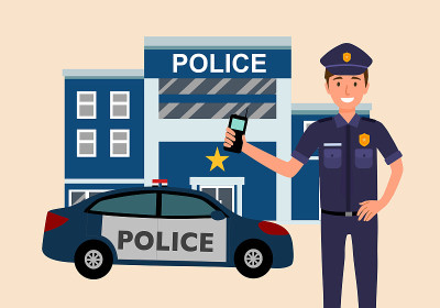 警察站在警车和警察局的平面设计。
