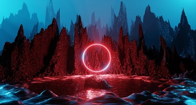 科幻外星景观未来的岩石超现实照明太空旅行发光环红色霓虹灯3D渲染