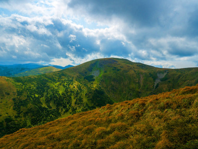 夏天山风景。绿色的草地。山高。