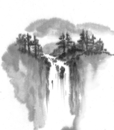 瀑布。背景与山脉。墨山风景。山在雾中。传统东方水墨画。山的风格，水的风格。黑色和白色。中式，日式传统