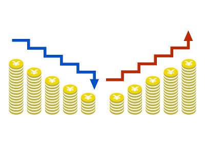 增加收入图标和金钱减少线图标。日元，人民币。矢量插图。