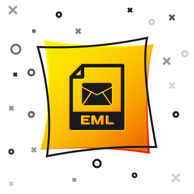 黑色EML文件文档图标。下载eml按钮图标隔离在白色背景。EML文件的象征。黄色正方形按钮。矢量图