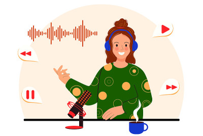 图解一个播客对着麦克风讲话。戴着耳机的微笑女子正在录制音频播客或在线节目。播客广播概念矢量插图在平面