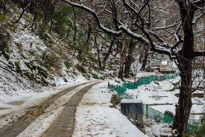 雪山覆盖的道路-雄伟的冬季景观在喜马拉雅山