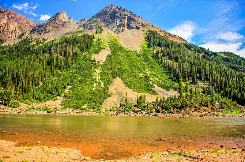 美丽的火山口湖与阿斯彭山脉的观点