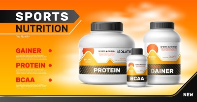 现实的运动补剂。装有乳清蛋白粉的塑料容器。Gainer和氨基酸，3d孤立包不同大小，广告海报与复制空