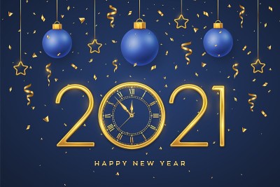 2021年新年快乐。黄金金属数字2021和观看与罗马数字和倒计时午夜。蓝色背景上挂着金色的星星和小球