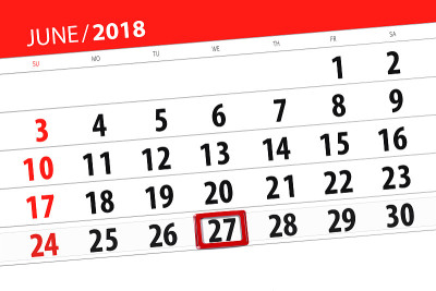 日历计划的月，截止日的一周，周三，2018年6月27日
