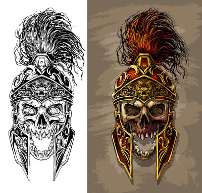 Detailed graphic skull in ancient metal helmet