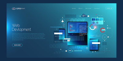 网站、应用程序设计开发。技术软件,代码。编程，ui, ux概念。股票插图