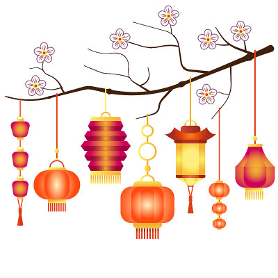 梅花枝上挂着红色的纸灯笼。矢量插图。