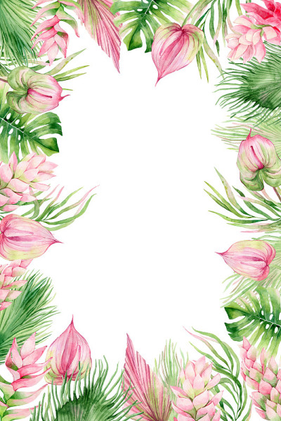 水彩画框架热带水果，花和棕榈叶。
