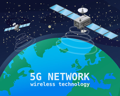 全球5G互联网卫星通信网络。卫星在地球轨道上飞行无线技术智能手机等距。向量孤立的插图