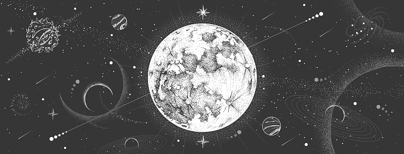 现代魔术魔术卡与占星月亮在外太空的背景。现实手绘满月矢量插图
