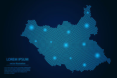 抽象图像南苏丹地图从点蓝色和发光的星星在黑暗的背景