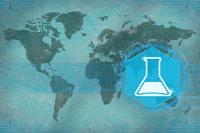 化学世界。以旗帜为背景的化工生产理念。