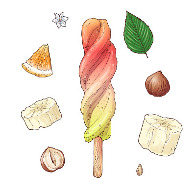 Set ice cream banana orange nut. Hand drawing. Vec
