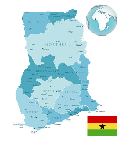 Ghana administrative blue-green map with country f