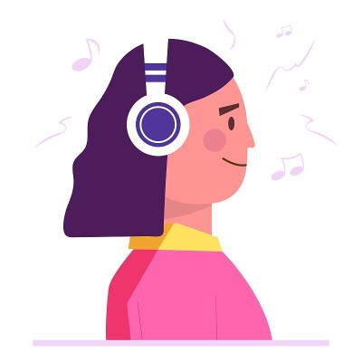 录音工作室。女人戴着耳机听着音乐，唱着扁平的风格概念。女孩录新歌。卡拉ok。平面矢量插图孤立在白色背