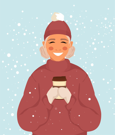 美丽的女孩拿着一杯咖啡，冬天和雪。咖啡的房子。