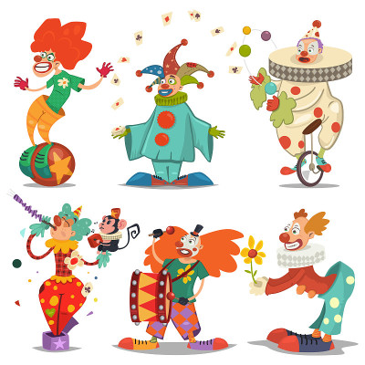 Circus clown character in different actions: juggl