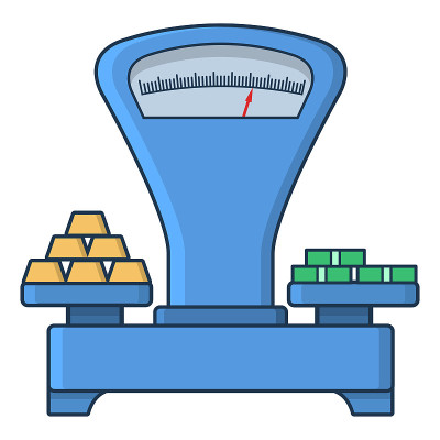 天平机械与金条和钞票包。称贵重金属的重量