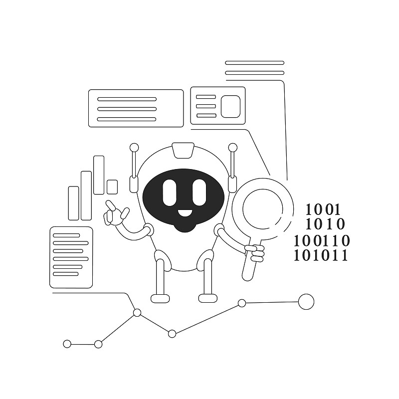 网络爬虫机器人细线概念矢量插图。算法机器人二维卡通人物网页设计。商业分析，网站开发自动化软件创意