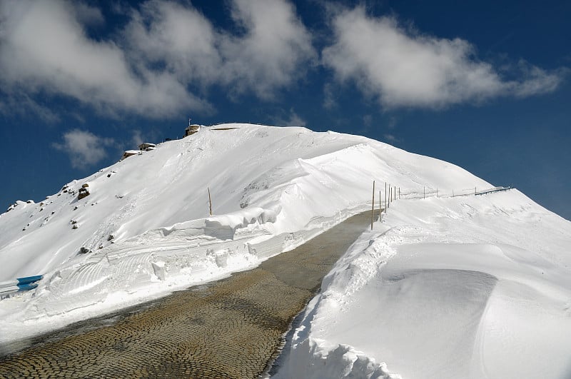 奥地利大格洛克纳山的空旷道路，穿过风景秀丽的雪乡。假期,蓝色