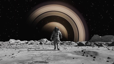 勇敢的宇航员穿着宇航服在月球上自信地走向土星，身上覆盖着岩石。第一位登上月球表面的宇航员。人类的重大