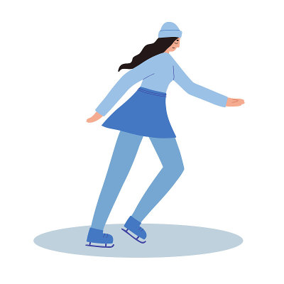 一个穿着毛衣和裙子的女孩在冰上滑冰。平面向量插图。寒假和乐趣