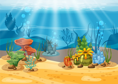 水下插图和生活。美丽的海洋生物。藻类和珊瑚礁都是美丽多彩的，矢量，孤立，卡通风格