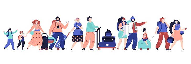 游客步行。快乐的姑娘，旅行的人带着行李箱走。机场乘客拥挤奔跑，家庭旅行体面行李向量概念