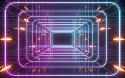 隧道和霓虹灯黑色背景，3d渲染。