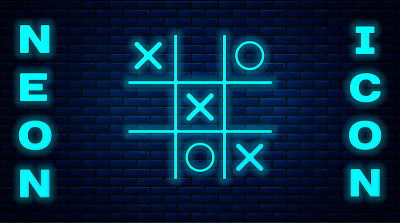 发光的霓虹灯Tic tac - toe游戏图标孤立在砖墙的背景。向量