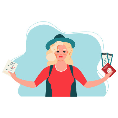 女游客准备好旅行了。2019冠状病毒病检测结果、健康护照、2019冠状病毒病免疫证书、安全旅行、检测