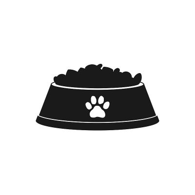 狗或猫干粮碗图标。黑色宠物碗和干粮薯片。平面风格矢量插图孤立的白色背景