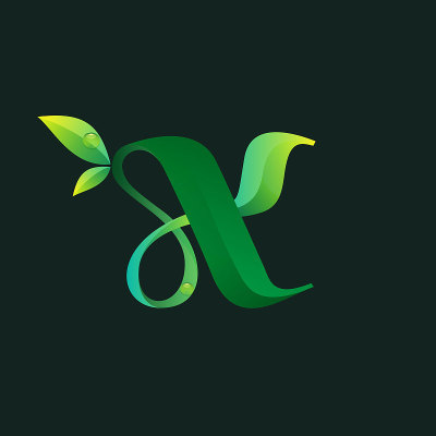 字母X生态标志，绿叶和露珠。