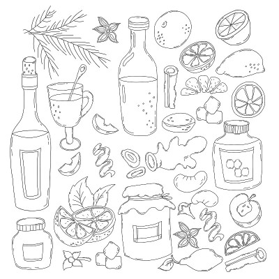大套的热葡萄酒。矢量插图在线手绘。一杯和一瓶葡萄酒，一片柑橘和苹果，香料，肉桂，豆蔻，生姜和一罐蜂蜜