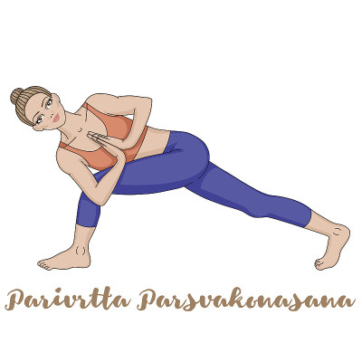 女性的剪影。旋转侧角瑜伽姿势。Parivrtta Parsvakonasana