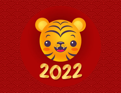 2022年新年的矢量徽章有一个老虎的头。2022年亚洲风格卡哇伊虎复古印花。