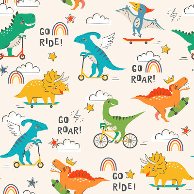 Cool dinosaurs skateboarders, cyclists and scooter