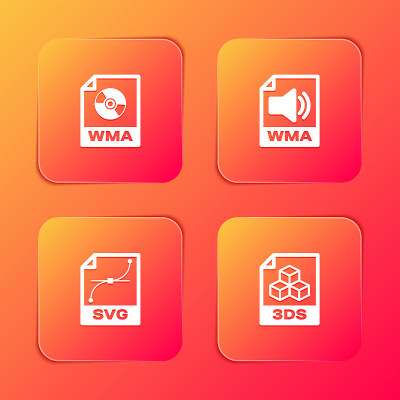 Set WMA file document, , SVG and 3DS icon. Vector