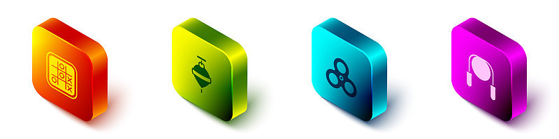 设置等距Tic tac toe游戏，旋转玩具，指尖陀螺和跳绳图标。向量