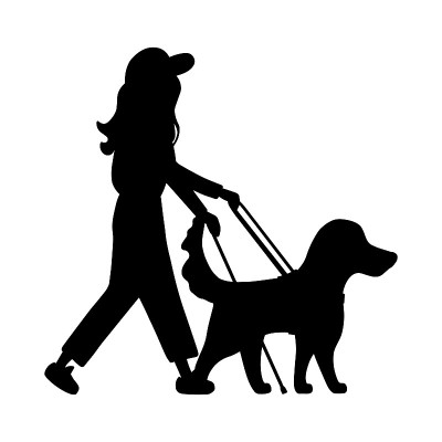 剪影盲人妇女与棍子旁边的导盲犬带领。寻回犬和人类被隔离在白色背景上。设计海报，横幅，传单，网页，模型