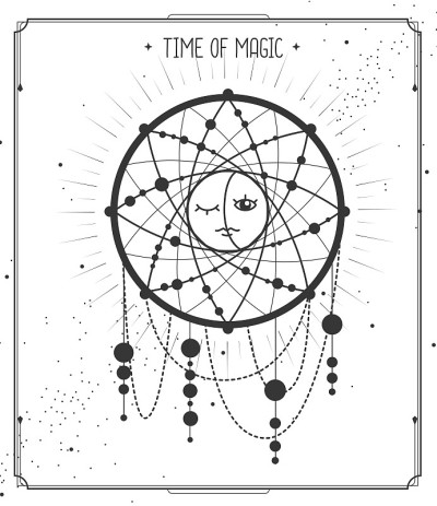 现代魔法魔法卡与捕梦网。日月星座。矢量图
