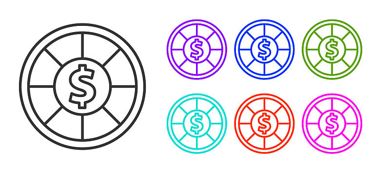 Black line Casino chips icon isolated on white bac
