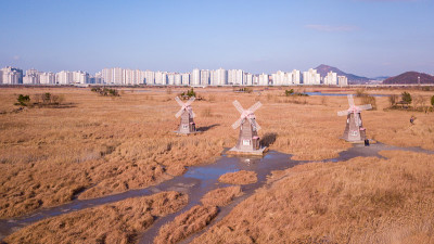 韩国仁川Sorae生态湿地公园鸟瞰图。