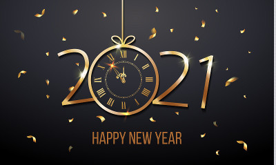 2021年新年快乐，还有金色文字和时钟的圣诞贺卡。向量