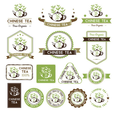 茶标签集。中国茶徽章收藏。